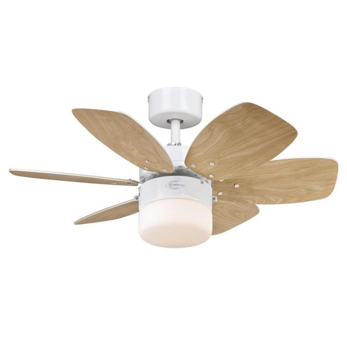 Flora Royale Ø76 Blanc De Westinghouse - Le ventilateur de plafond Flora Royale a une &eacute;l&eacute;gante finition blanche avec six pales r&eacute;versibles en finition blanche ou &eacute;rable clair et un abat-jour en verre opale pour l'&eacute;clairage.