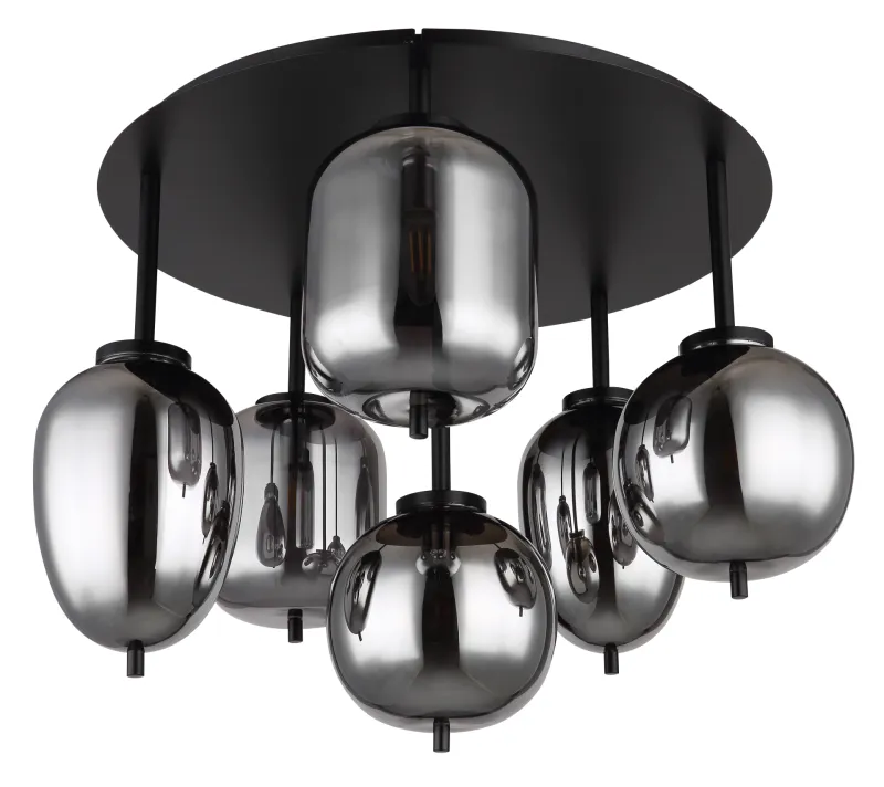 Blacky Ø63 Noir plafonnier De Globo Lighting - Lampan &auml;r utrustad med 6st r&ouml;kf&auml;rgade glaskupor i olika former, som h&auml;nger fr&aring;n taket p&aring; mattsvarta st&auml;nger f&auml;sta vid en matchande bas.