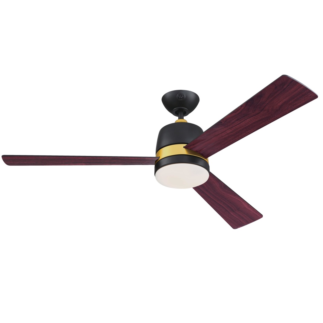 Tristan Ø132 Noir De Westinghouse - Le ventilateur de plafond Tristan avec éclairage à intensité variable, moteur à courant continu et télécommande présente un design bicolore élégant avec une finition noire mate et des accents dorés.