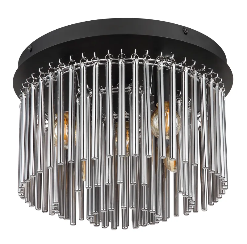 Gorley Ø32 Couleur fumée plafonnier De Globo Lighting - Dess design imponerar med en stilfull kombination av mattsvart metall, gl&auml;nsande krom och r&ouml;kf&auml;rgade glasstavar.