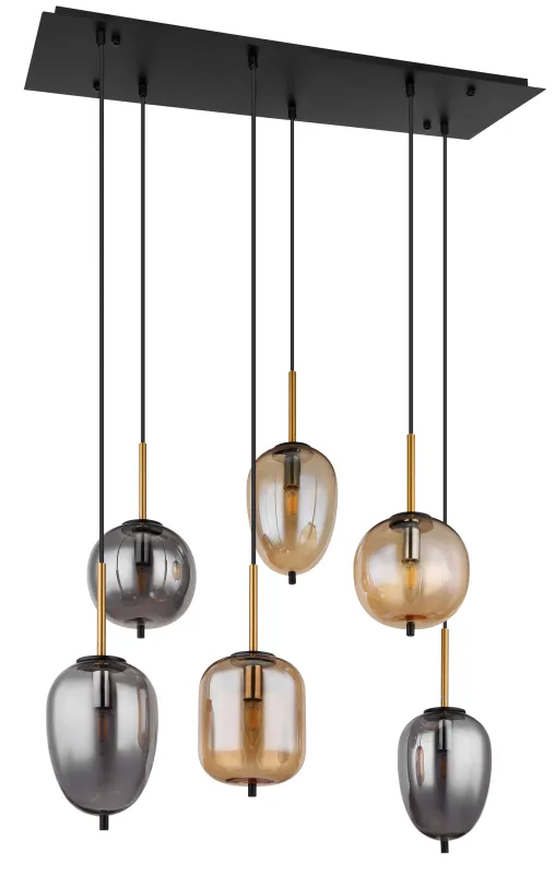 Blacky 80cm Ambre suspension De Globo Lighting - De sex r&ouml;k- och amberf&auml;rgade glasgloberna i olika former h&auml;nger fr&aring;n en svart, rektangul&auml;r takplatta och kan justeras upp till 120 cm fr&aring;n taket.