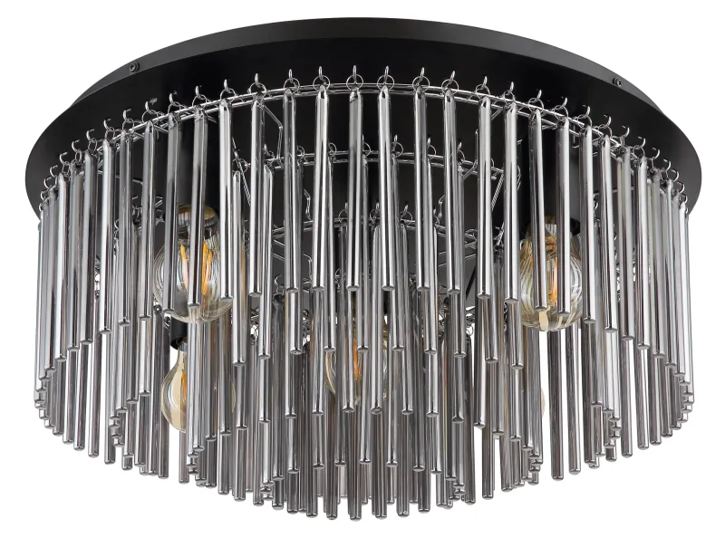 Gorley Ø50 Couleur fumée plafonnier De Globo Lighting - Dess design imponerar med en stilfull kombination av mattsvart metall, gl&auml;nsande krom och r&ouml;kf&auml;rgade glasstavar.