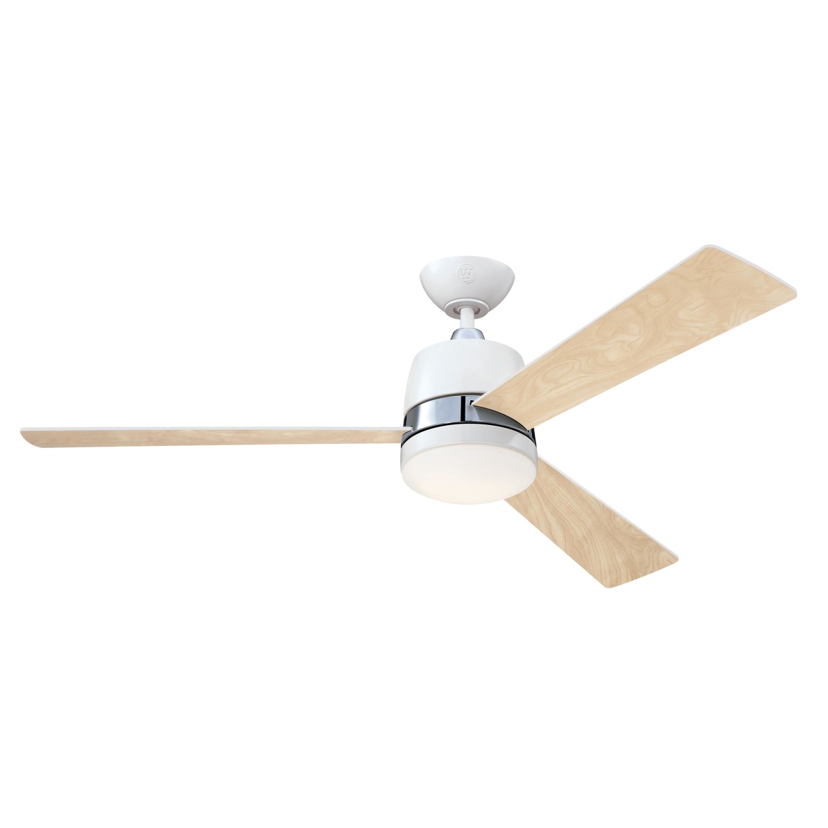 Tristan Ø132 Blanc De Westinghouse - Le ventilateur de plafond Tristan avec éclairage à intensité variable et télécommande présente un design bicolore élégant avec une finition blanche et des accents en nickel brossé.