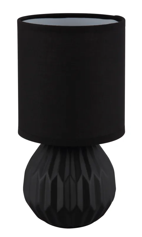 Sylas 23cm Noir lampe de table De Globo Lighting - Den rundade keramiska basen i elegant svart och den matchande cylindriska textilsk&auml;rmen skapar en harmonisk och modern estetik.