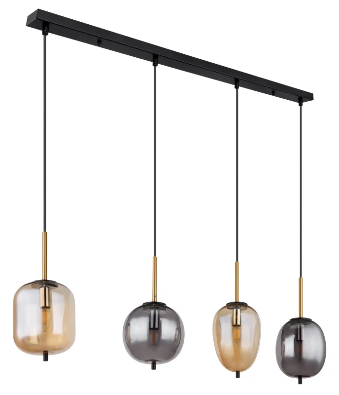 Blacky 110cm Ambre suspension De Globo Lighting - De fyra r&ouml;k- och amberf&auml;rgade glasgloberna i olika former h&auml;nger fr&aring;n en svart, rektangul&auml;r takplatta och kan justeras upp till 120 cm fr&aring;n taket.
