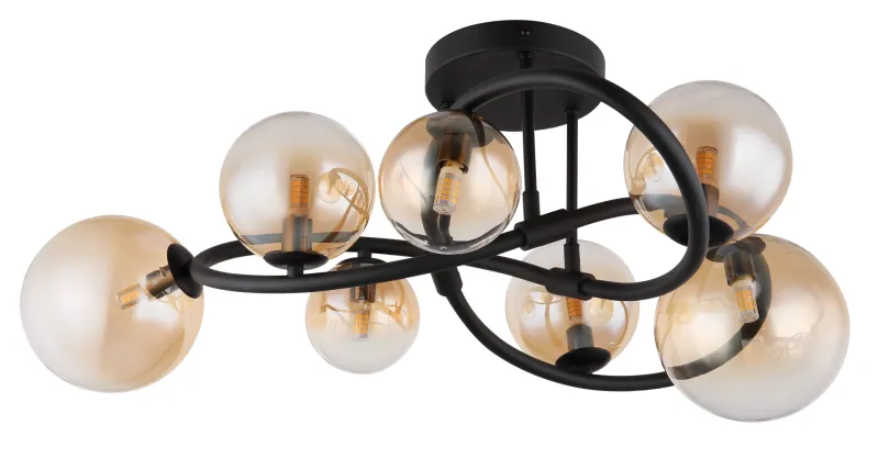Tuberius Ø62 Ambre plafonnier De Globo Lighting - Lampan &auml;r tillverkad av mattsvart metall och &auml;r smyckad med 7st glas i en&nbsp;mjuk b&auml;rnstensf&auml;rgad ton, vilket skapar en st&auml;mningsfull ljusspridning.