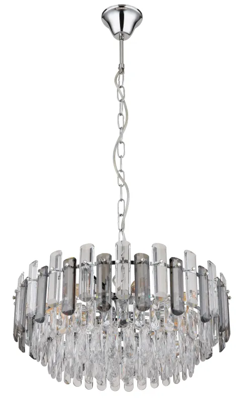 Orgina Ø60 Couleur fumée cristal De Globo Lighting - Takkronan Orgina tillf&ouml;r rummet en lyxig k&auml;nsla med gnistrande kristaller och r&ouml;kf&auml;rgade glasstavar.