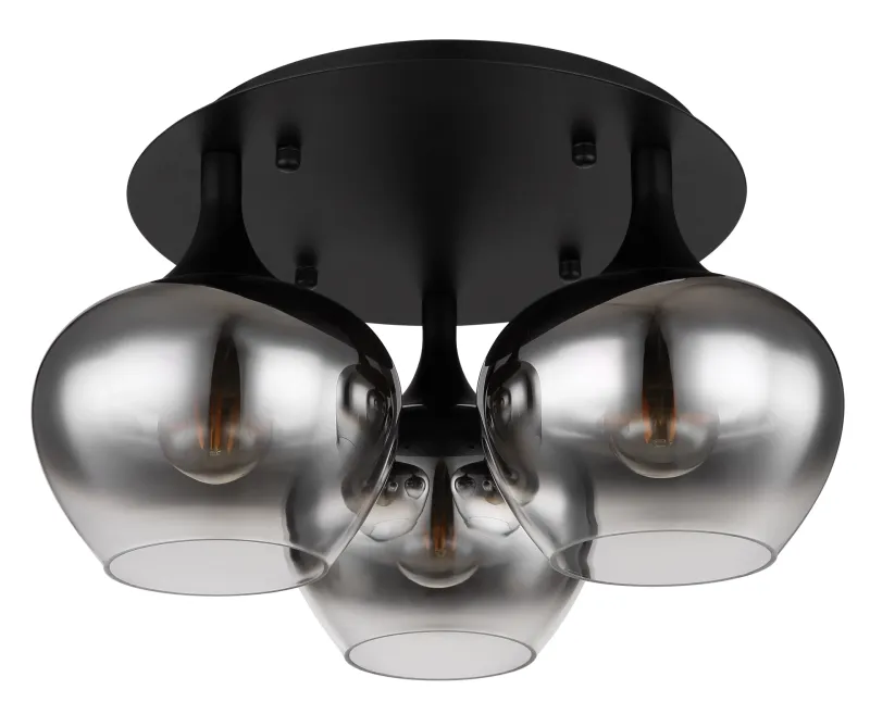 Maxy Ø45 Couleur fumée plafonnier De Globo Lighting - P&aring; en rund takplatta av matttsvart metall sitter tre vackert formade r&ouml;kf&auml;rgade glaskupor.
