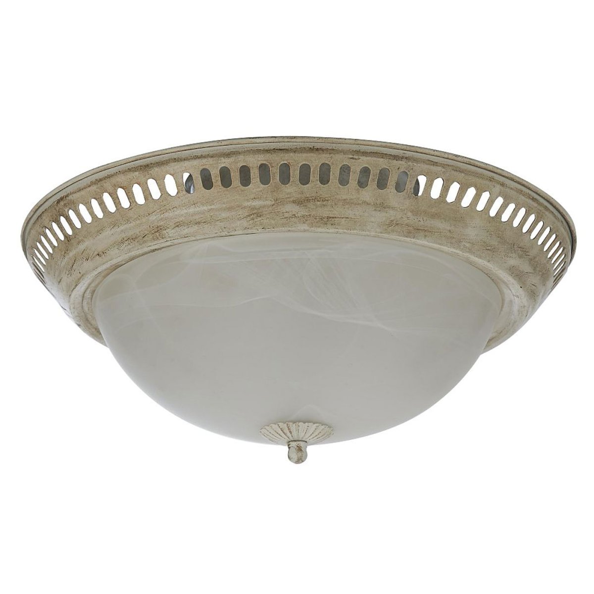 Plafond Ø34 Blanc antique plafonnier De Oriva - Doté d'un cadre en métal d'inspiration antique dans une finition blanche et d'un magnifique abat-jour en verre semblable à du marbre, c'est le choix parfait pour tous ceux qui cherchent à ajouter une touche d'élégance rustique à leur maison.
