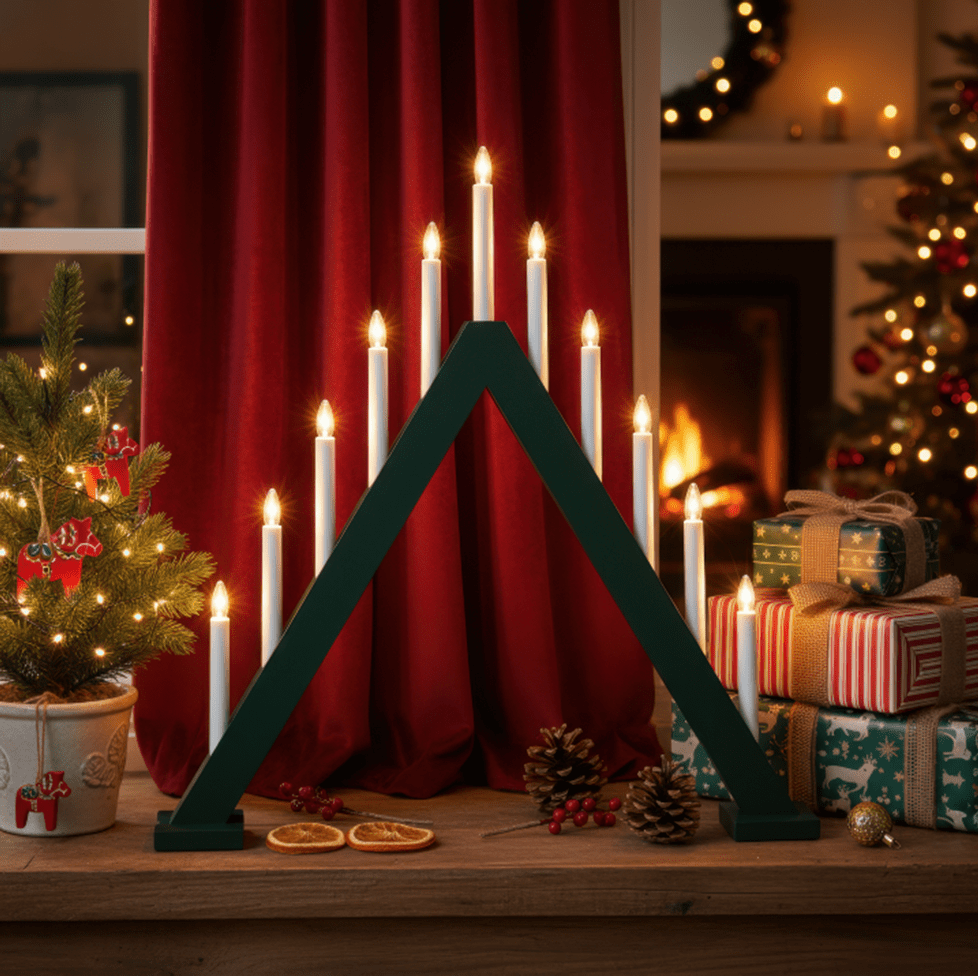 Nova 11 vert foncé De Pixie Design - Nova est un bougeoir de l'Avent classique en bois, orn&eacute; de onze bougies d'un magnifique vert fonc&eacute;, &eacute;voquant les f&ecirc;tes de No&euml;l traditionnelles.