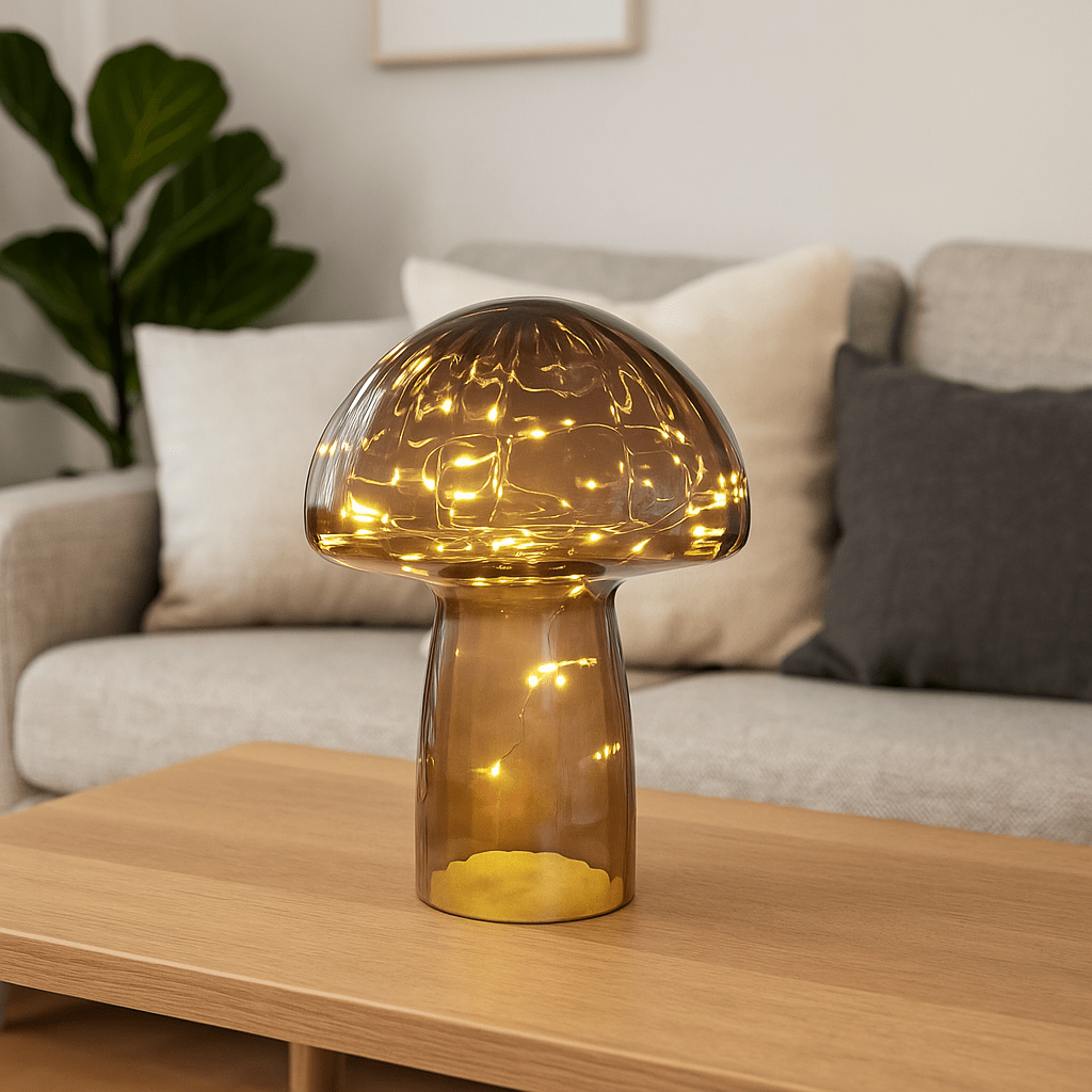 Mushroom 23cm Bordeaux lampe de table De Pixie Design - Il est &eacute;quip&eacute; d'une minuterie et d'un variateur pratique &agrave; 5 niveaux pour r&eacute;gler la lumi&egrave;re selon les besoins, ce qui le rend parfait &agrave; la fois comme &eacute;clairage de travail et comme &eacute;clairage de soir&eacute;e chaleureux.