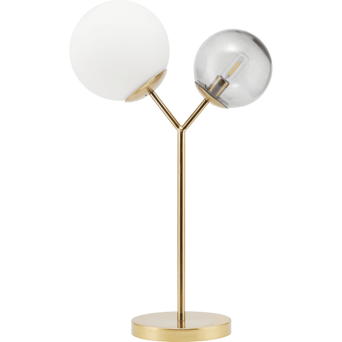 Twice 62cm Laiton lampe de table De House Doctor - La lampe de table a une base en laiton et deux abat-jour en verre &ndash; un blanc et un gris fum&eacute;.