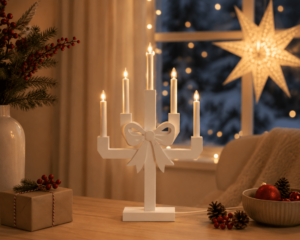 Kerstin Blanc De Pixie Design - Avec sa forme classique et son joli n&oelig;ud, Kerstin constitue une ravissante d&eacute;coration de No&euml;l, id&eacute;ale pour une fen&ecirc;tre, un bureau ou une table d'appoint.