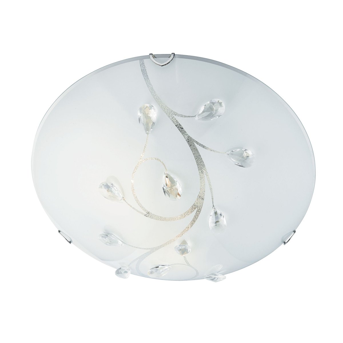 Dunkirk Ø30 Blanc plafonnier De Searchlight - Le plafonnier Dunkirk combine des &eacute;l&eacute;ments en verre, en opale et en cristal pour cr&eacute;er un design impressionnant.