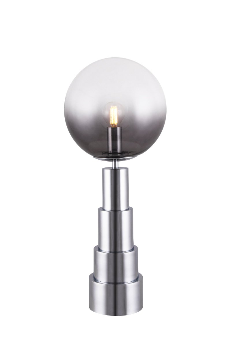 Astro 48cm Chrome lampe de table De Globen Lighting - La lampe est fabriquée en métal de couleur chrome et possède un globe en verre teinté de fumé à transparent.