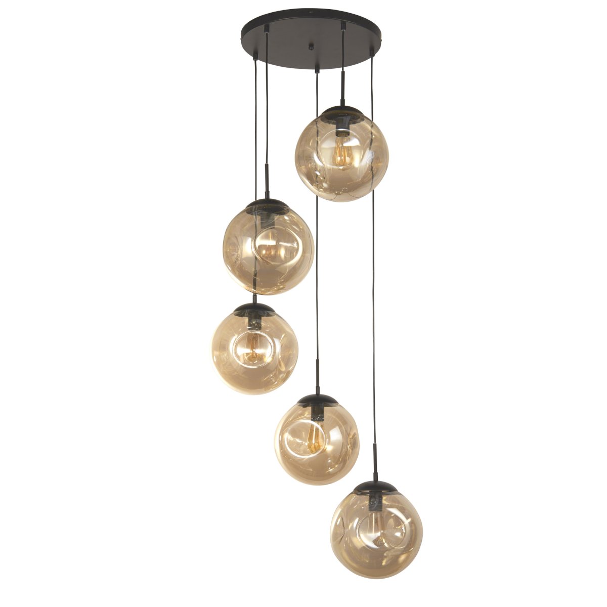 Punch Ø60 Champagne suspension De Searchlight - La forme légèrement concave des abat-jour, associée à la structure en métal noir, offre un contraste moderne et élégant qui s'harmonise avec différents styles de décoration intérieure.
