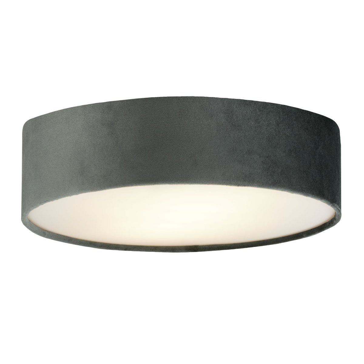 Drum Ø38 Gris plafonnier De Searchlight - Avec deux sources lumineuses et un diffuseur opale à l'intérieur de l'abat-jour luxueux en velours, il crée une lueur chaleureuse dans n'importe quelle pièce.