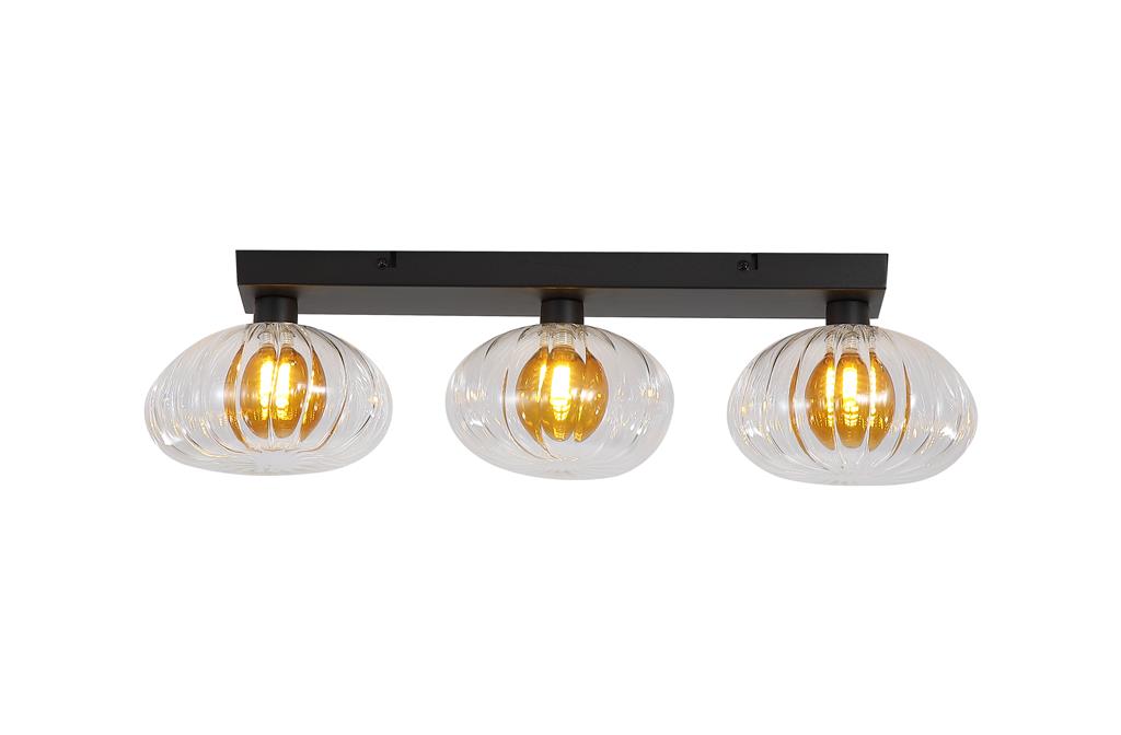 Sunbeam 52cm Transparent/noir applique murale De Searchlight - Ses abat-jour ronds et côtelés en verre transparent abritent un magnifique dôme ambré qui structure et dynamise la pièce tout en diffusant une lumière douce et agréable.