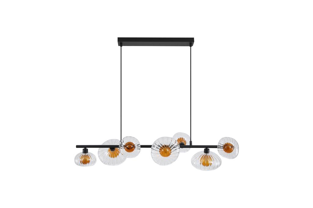 Sunbeam 90cm Transparent/noir suspension De Searchlight - La structure noire contraste avec les tons chauds et souligne le caractère moderne et singulier du luminaire.