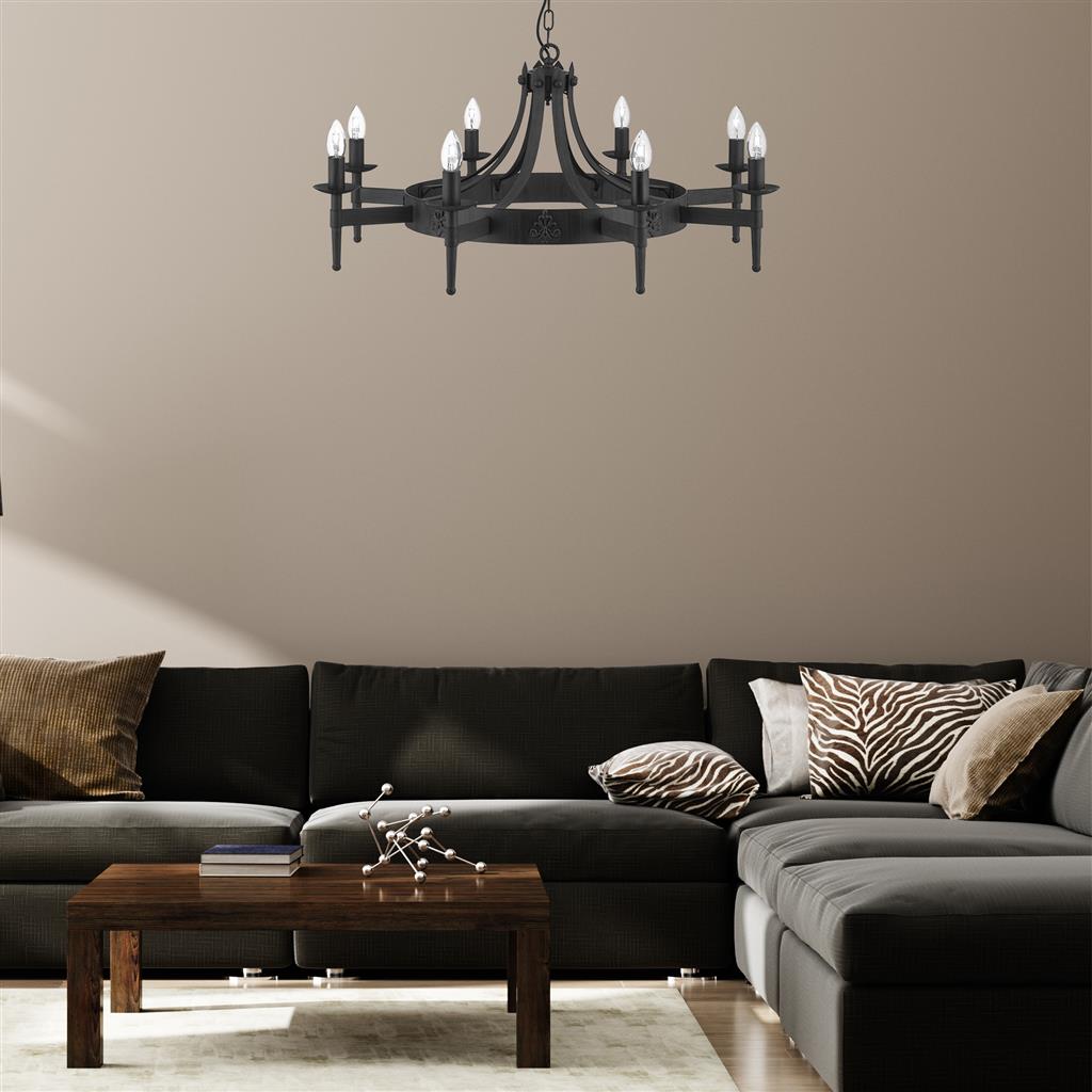 Cartwheel II Ø85 Noir suspension De Searchlight - Ce superbe lustre de style gothique est parfait pour les chambres, les salons, les salles &agrave; manger ou les cuisines, o&ugrave; vous souhaitez cr&eacute;er une atmosph&egrave;re chaleureuse et traditionnelle.