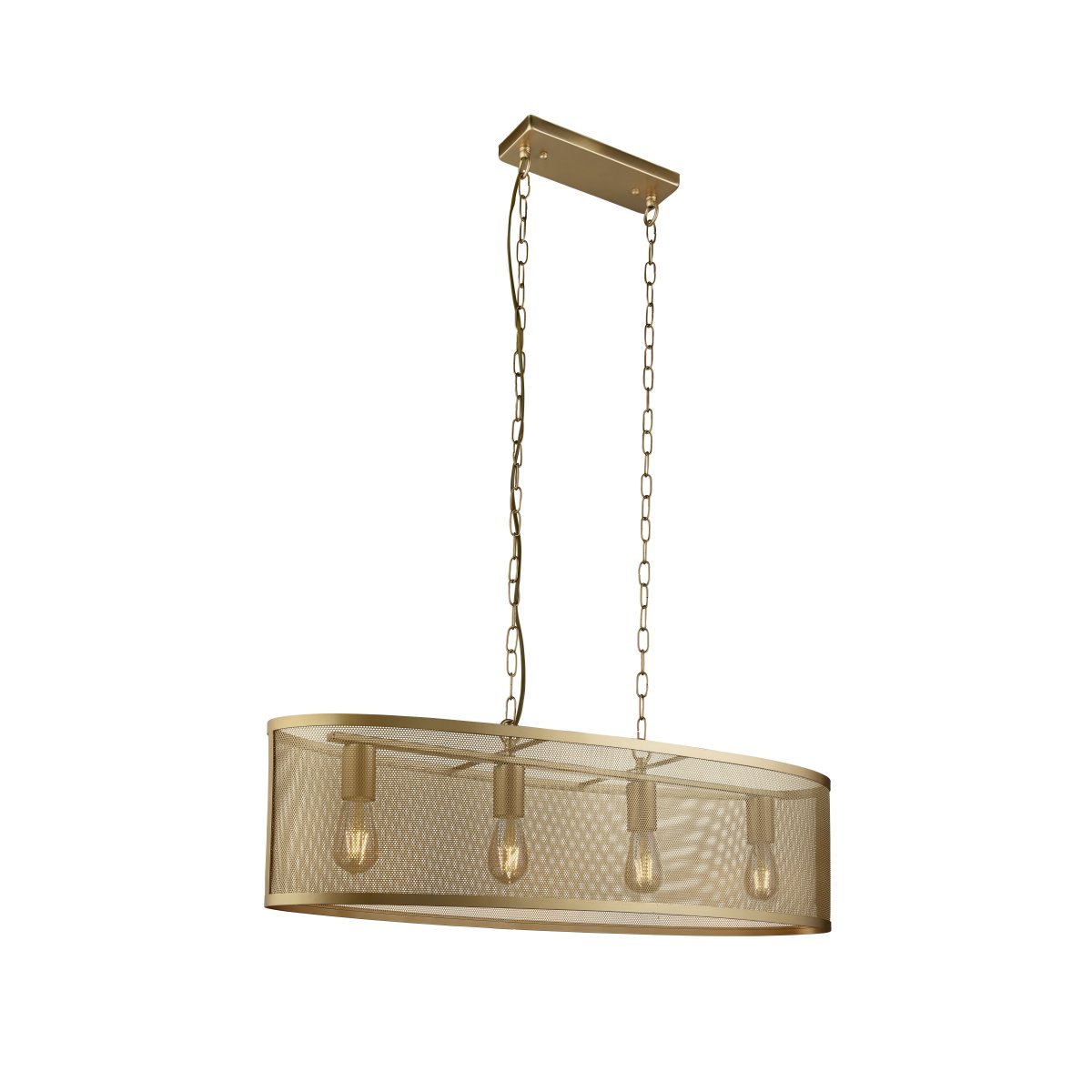 Fishnet 90cm Or suspension De Searchlight - Cette impressionnante suspension en r&eacute;sille de couleur or mat renferme quatre sources lumineuses dans une belle et d&eacute;corative cage en filet de couleur or.