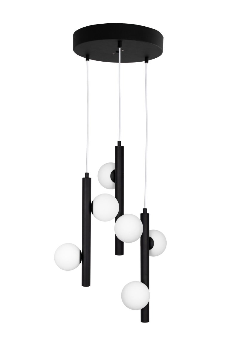 Pearl Ø35 Noir suspension De Globen Lighting - Les c&acirc;bles sont en textile blanc et mesurent 120 cm de long, le plafond est en m&eacute;tal thermolaqu&eacute; noir mat.