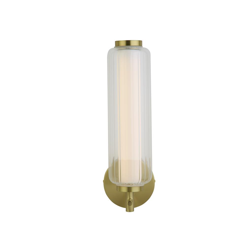 Mod 32cm Laiton applique murale De Searchlight - Cette &eacute;l&eacute;gante applique murale associe une surface en laiton satin&eacute; &agrave; des lignes modernes et &eacute;pur&eacute;es, ainsi qu'&agrave; un abat-jour en verre c&ocirc;tel&eacute; raffin&eacute;.