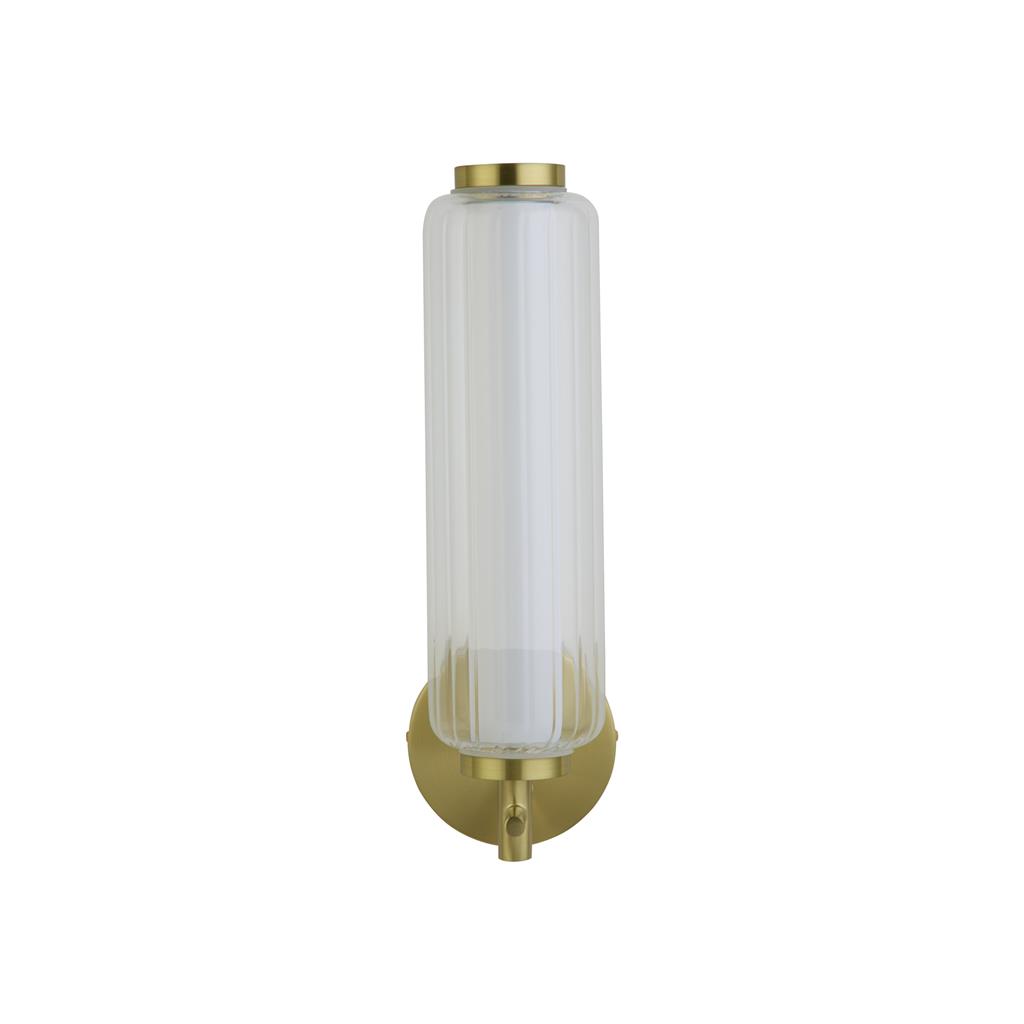 Mod 32cm Laiton applique murale De Searchlight - Cette &eacute;l&eacute;gante applique murale associe une surface en laiton satin&eacute; &agrave; des lignes modernes et &eacute;pur&eacute;es, ainsi qu'&agrave; un abat-jour en verre c&ocirc;tel&eacute; raffin&eacute;.
