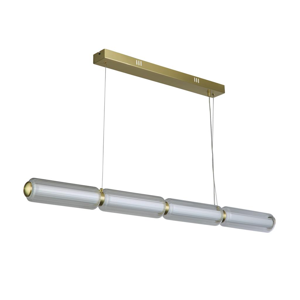 Mod 109cm Laiton suspension De Searchlight - Cette &eacute;l&eacute;gante suspension associe une surface en laiton satin&eacute; &agrave; des lignes modernes et &eacute;pur&eacute;es, ainsi qu'&agrave; un abat-jour en verre c&ocirc;tel&eacute; raffin&eacute;.