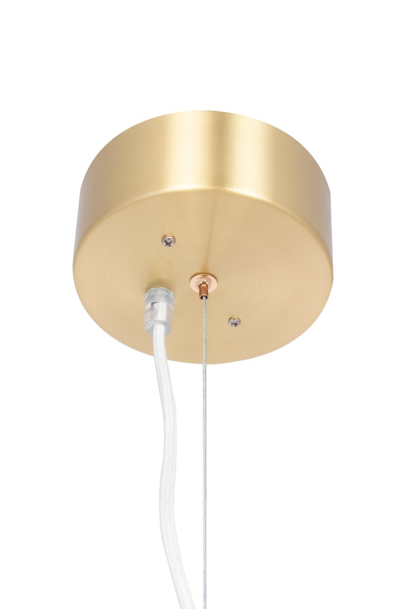 Astrid 85cm Laiton brossé suspension De Globen Lighting - Le luminaire est dot&eacute; d'un c&acirc;ble textile blanc de 120 cm de long avec fil et d'une rosace de plafond en laiton bross&eacute; assorti.