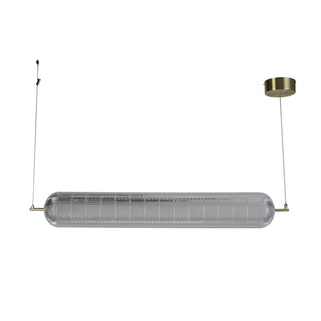 Capsule 108cm Laiton suspension De Searchlight - Capsule est une suspension élégante et moderne avec des détails en laiton satiné et un abat-jour en verre acrylique qui diffuse une lumière douce et agréable.