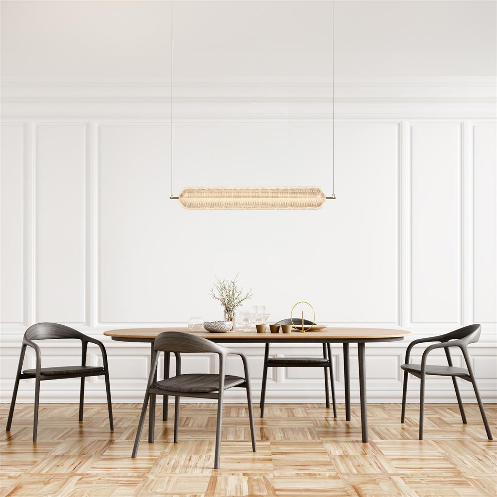 Capsule 108cm Laiton suspension De Searchlight - Capsule est une suspension élégante et moderne avec des détails en laiton satiné et un abat-jour en verre acrylique qui diffuse une lumière douce et agréable.