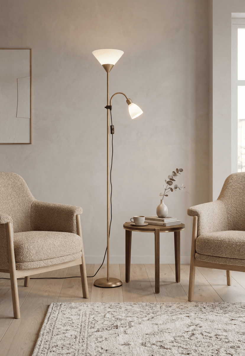 Vigo Laiton lampadaire De Aneta Lighting - Le lampadaire Vigo est id&eacute;al &agrave; c&ocirc;t&eacute; du canap&eacute; ou de votre fauteuil pr&eacute;f&eacute;r&eacute; lorsque vous souhaitez combiner un &eacute;clairage d'ambiance et une lumi&egrave;re de lecture cibl&eacute;e.