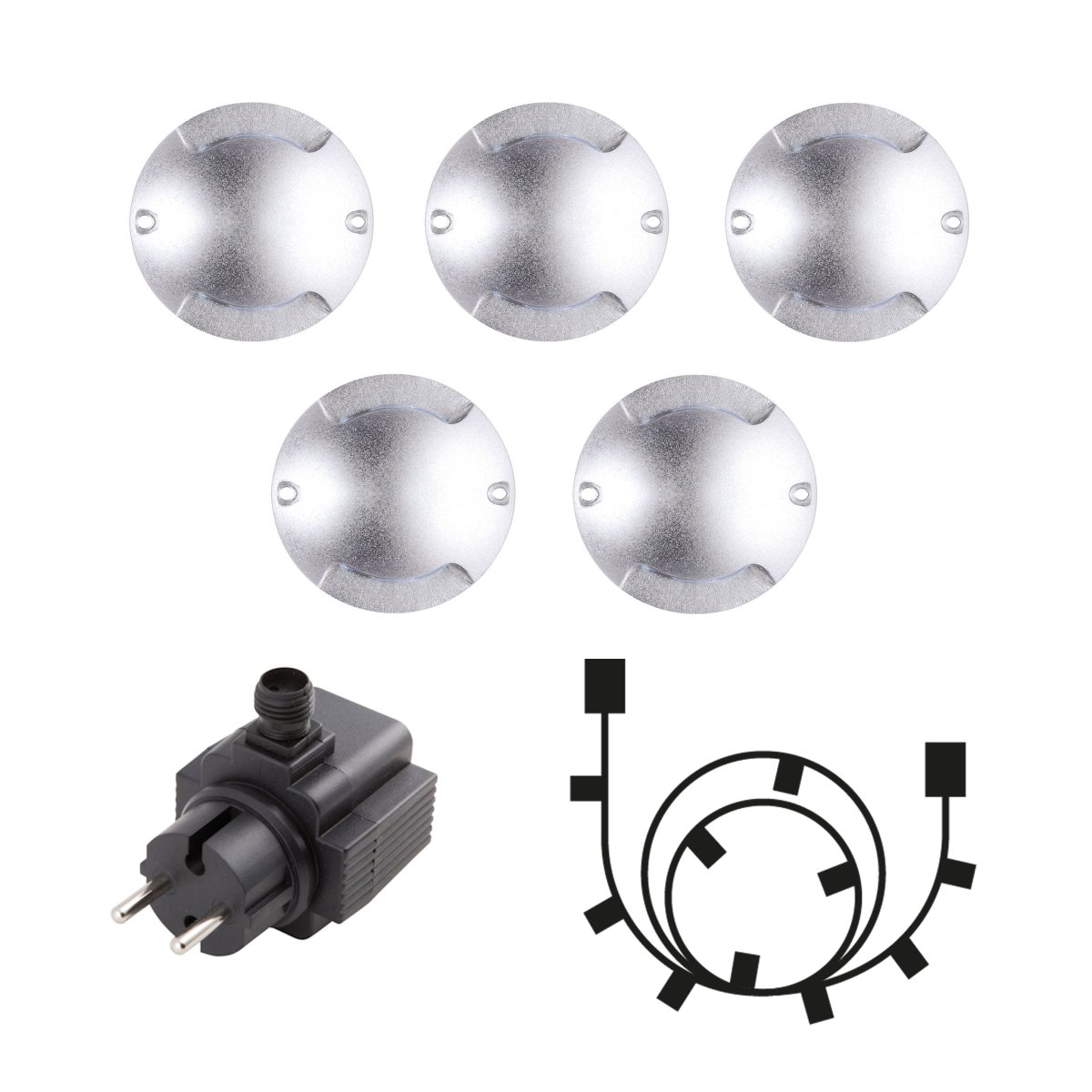 Zenit Duo 5 Argent De Lightson - Le pack comprend cinq Zenit Duos, un transformateur et un c&acirc;ble de d&eacute;rivation de 10 m, ce qui vous permet de tout assembler facilement.