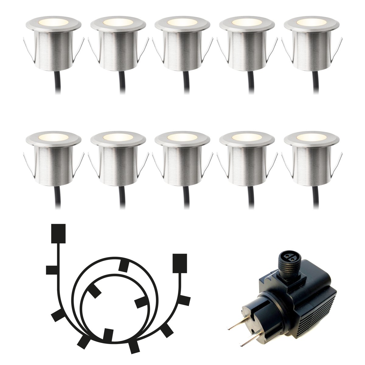 Dexter 10 Argent De Lightson - La livraison comprend 10 spots de pont, un c&acirc;ble de d&eacute;rivation de 10 m et un transformateur (21 W).