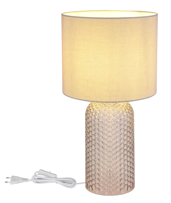 Sofia 50cm Gris lampe de table De Globo Lighting - Bordslampan Sofia imponerar med sin eleganta kombination av en texturerad glaskropp och en cylindrisk textilsk&auml;rm i lyxig gr&aring; ton.