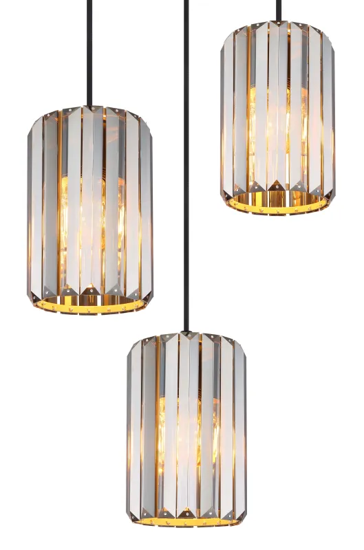 Run Ø35 Couleur fumée suspension De Globo Lighting - Kombinationen av metall i tr&auml;utseende och de tre sk&auml;rmarna med r&ouml;kf&auml;rgade K5-kristaller ger en harmonisk ljusspridning och en sofistikerad k&auml;nsla.