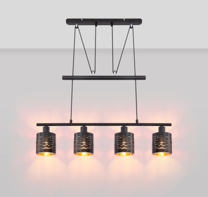 Tunno 70cm Noir suspension De Globo Lighting - Perfekt f&ouml;r k&ouml;k eller vardagsrum, d&auml;r dess dekorativa utsk&auml;rningar, form och guldf&auml;rgade insida skapar en varm och inbjudande atmosf&auml;r.