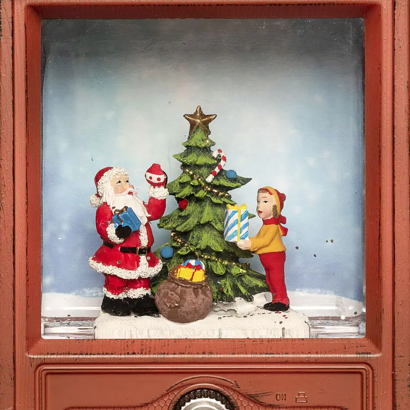 Lanterne Remplie D’eau En Forme De Télévision Brun De Konstsmide - Cette lanterne remplie d'eau en forme de t&eacute;l&eacute;vision r&eacute;tro montre une sc&egrave;ne atmosph&eacute;rique avec le P&egrave;re No&euml;l, un gar&ccedil;on et un sapin de No&euml;l d&eacute;cor&eacute;.