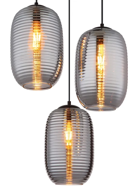 Jefrey Ø47 Couleur fumée suspension De Globo Lighting - Denna eleganta taklampa har en rund form och &auml;r utrustad med tre rundade kupor i r&ouml;kf&auml;rgat glas.
