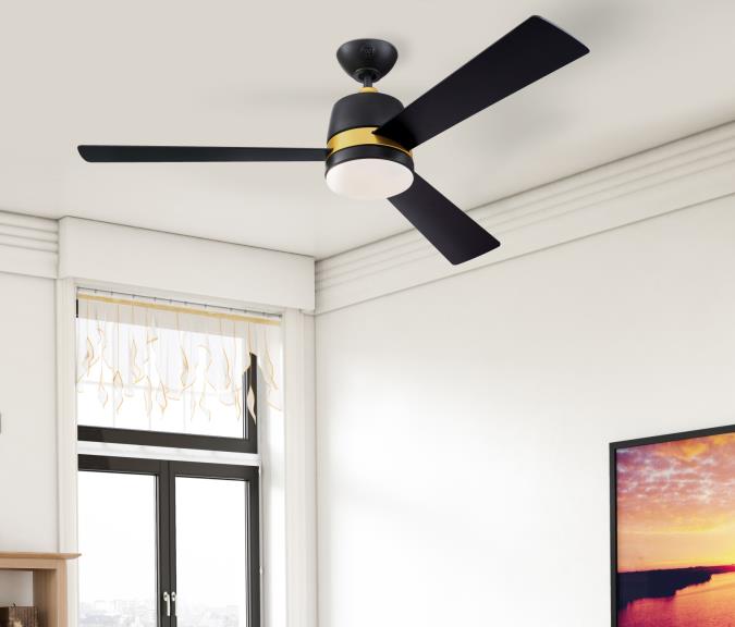 Tristan Ø132 Noir De Westinghouse - Le ventilateur de plafond Tristan avec éclairage à intensité variable, moteur à courant continu et télécommande présente un design bicolore élégant avec une finition noire mate et des accents dorés.