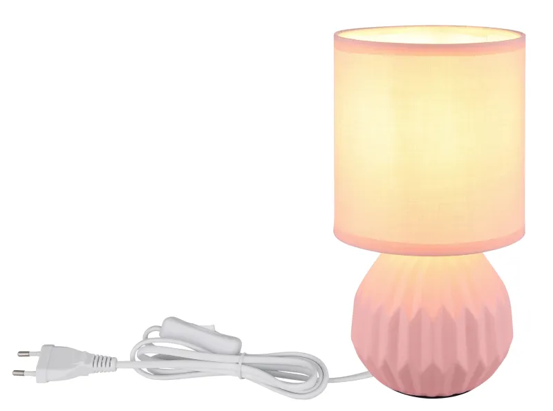 Sylas 23cm Rose lampe de table De Globo Lighting - Den rundade keramiska basen i elegant rosa och den matchande cylindriska textilsk&auml;rmen skapar en harmonisk och modern estetik.