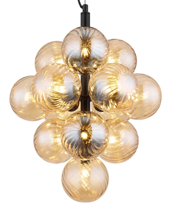 Conor Ø40 Ambre suspension De Globo Lighting - Den har 13st dekorativa ambertonade glaskupor som alla omfamnar en ljusk&auml;lla vilket skapar en fin och harmonisk ljusspridning i rummet.