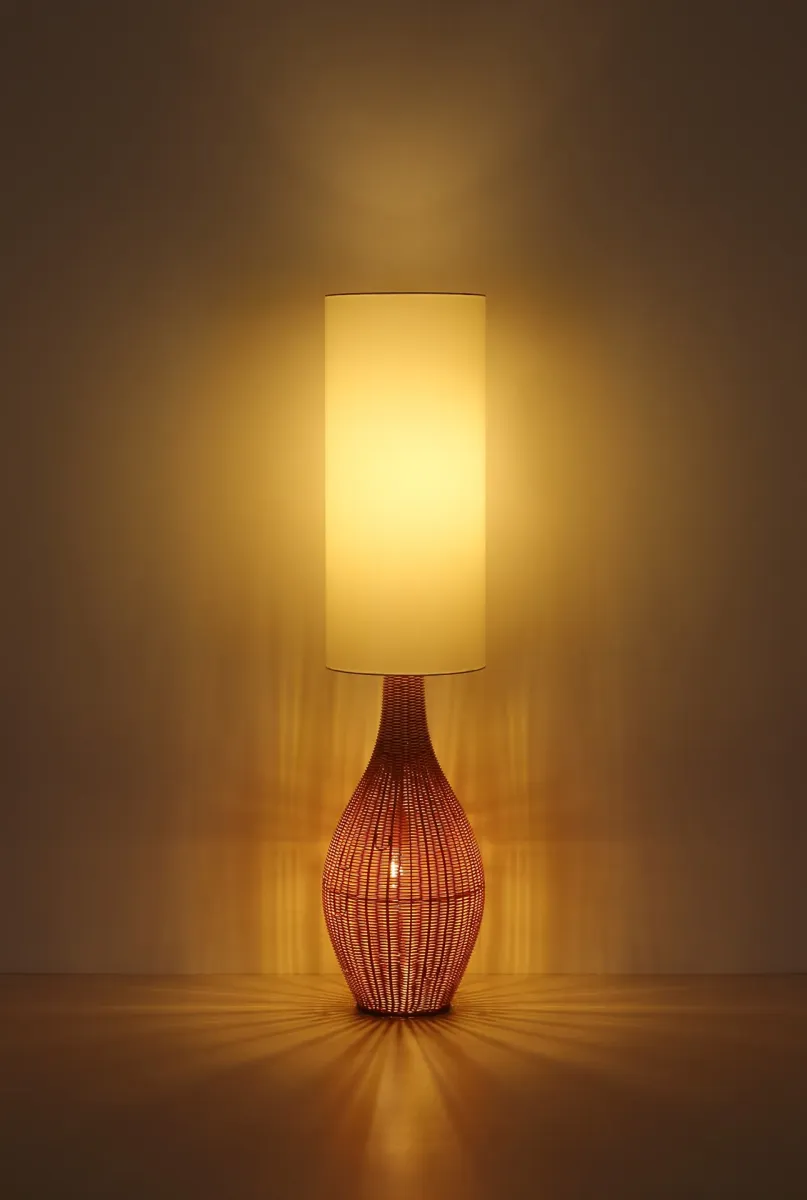 Anko Brun lampadaire De Globo Lighting - Den rundade designen i plast med en dekorativ rottinglook ger en naturlig charm, medan den vita textilsk&auml;rmen sprider ett mjukt och behagligt ljus.