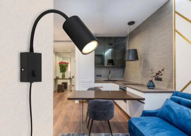 Robby Noir lampe de lecture De Globo Lighting - Robby &auml;r en klassisk, kompakt v&auml;gglampa tillverkad i plast och mattsvart metall, vilket ger en stilren och modern look.