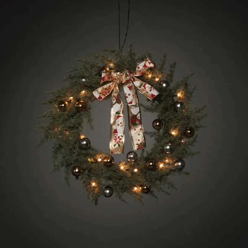 Grankrans Ø40 Vert De Konstsmide - Belle couronne de No&euml;l avec 25 lumi&egrave;res LED ambr&eacute;es, boules d&eacute;coratives, ruban et le texte "Joyeux No&euml;l".