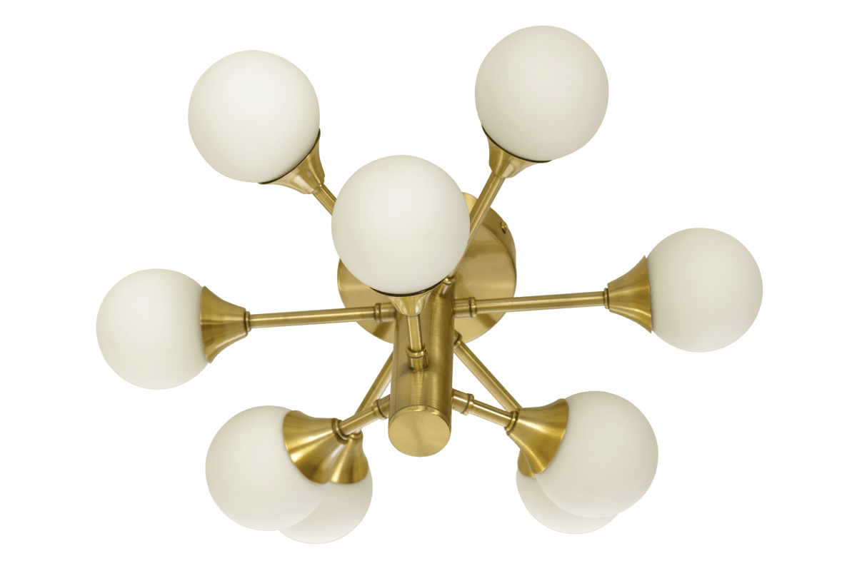 Cosmos Ø45 Laiton mat lampe de salle de bain De Aneta Lighting - La lampe est dot&eacute;e de neuf abat-jour en verre blanc opale r&eacute;partis sur deux niveaux, cr&eacute;ant un design int&eacute;ressant et inhabituel.