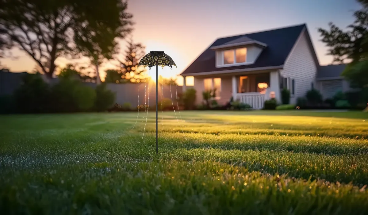 Umbrella Noir lampe solaire De Globo Lighting - Skapa en magisk st&auml;mning i tr&auml;dg&aring;rden med Umbrella, en unik solcellsbelysning med vackert utskuret m&ouml;nster och h&auml;ngande ljusslingor.