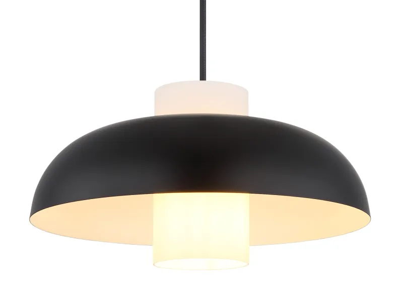Lowe Ø38 Noir suspension De Globo Lighting - Den runda sk&auml;rmen i mattsvart metall ger ett elegant och tidl&ouml;st uttryck, medan den cylinderformade sk&auml;rmen i opalglas sprider ett mjukt och behagligt ljus.