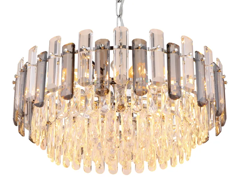 Orgina Ø60 Couleur fumée cristal De Globo Lighting - Takkronan Orgina tillf&ouml;r rummet en lyxig k&auml;nsla med gnistrande kristaller och r&ouml;kf&auml;rgade glasstavar.